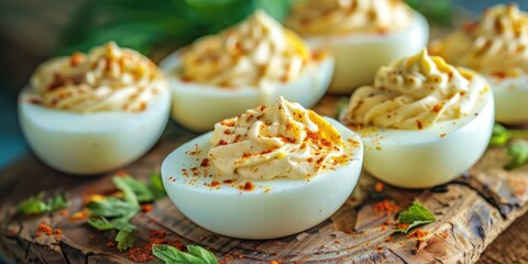 Canvas Print - Detailed perspective of stuffed eggs adorned with paprika, mustard, and mayonnaise on a rustic surface.