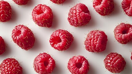 A vibrant pattern of fresh red raspberries scattered across a white canvas creates a playful and delicious display.