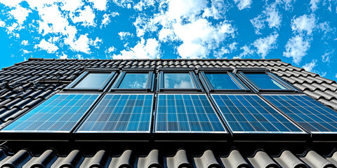 Poster - Solar panels on a roof against a blue sky with clouds.