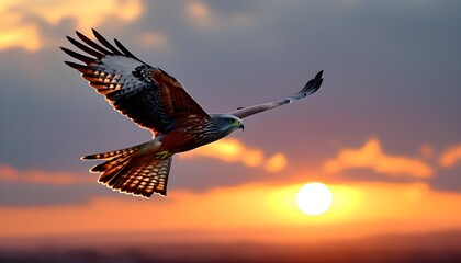 Wall Mural - Majestic Red Kite Silhouette Gliding Against a Fiery Sunset Sky