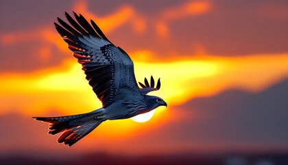 Wall Mural - Majestic Red Kite Silhouette Gliding Against a Fiery Sunset Sky