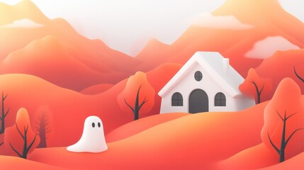 A ghost is standing in front of a house in a field