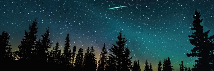 Poster - Night sky featuring a shooting star, aurora borealis, and silhouetted conifer trees