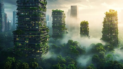 A futuristic cityscape with green skyscrapers emerges from a foggy, eco-friendly vision.