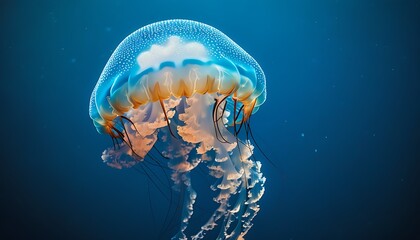 A blue jellyfish swims slowly in the dark blue ocean with a simple and calm background, showing the mystery and tranquility of the underwater world.