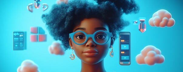 Poster - 3D illustration of Coco, an African American woman, with cloud computing elements, including cloud servers for data storage, blogging, websites, and mobile app visuals