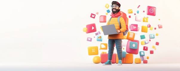 Poster - 3D illustration of male figure Qadir with a laptop, showcasing a social media concept, rendered on a white background