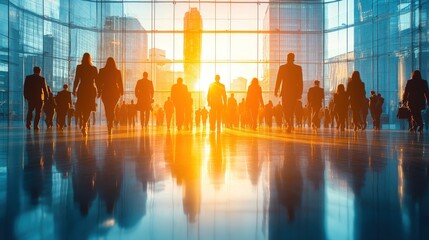 Wall Mural - Silhouettes of business people walking towards the sunrise in a modern city.