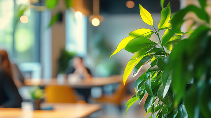 A blurred background of an office or coffee shop with green plants and people working in the foreground