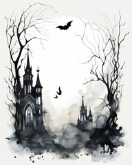 Wall Mural - halloween card party invitation background with pumpkin and bats haunted house space for text black watercolor ink