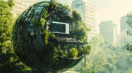 Wall Mural - A futuristic eco-friendly sphere filled with nature, showcasing technology and sustainability