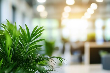 Blur background of contemporary office with greenery and bright natural light. Office interior photography. Sustainable workplace environment concept. Design for eco-friendly office spaces. Spate , ai