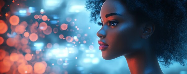 Poster - 3D rendering of African American woman Coco with cloud computing concept, showcasing cloud service servers, data storage and processing, along with website and app integrations