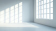 © 沈军 贡 - A clean, white room with sunlight streaming in through the window, casting shadows on an empty wall