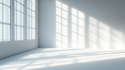 A clean, white room with sunlight streaming in through the window, casting shadows on an empty wall