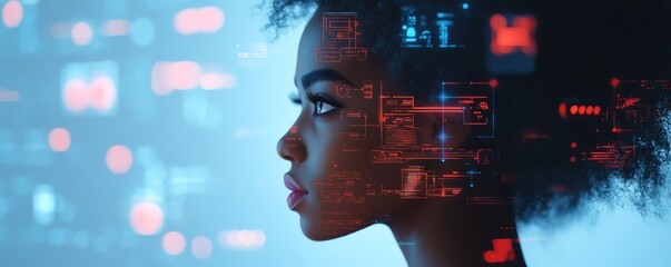 Poster - 3D rendering of African American woman Coco with cloud computing concept, showcasing cloud service servers, data storage and processing, along with website and app integrations