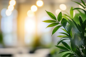 Blur background of contemporary office with greenery and bright natural light. Office interior photography. Sustainable workplace environment concept. Design for eco-friendly office spaces. Spate , ai