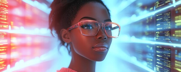 Poster - African American woman Coco in a 3D setting with a cloud computing theme, featuring cloud service servers, data processing, and promotional content such as blogs and apps