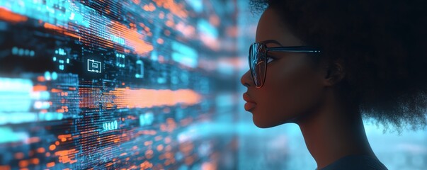 Poster - African American woman Coco in a 3D setting with a cloud computing theme, featuring cloud service servers, data processing, and promotional content such as blogs and apps
