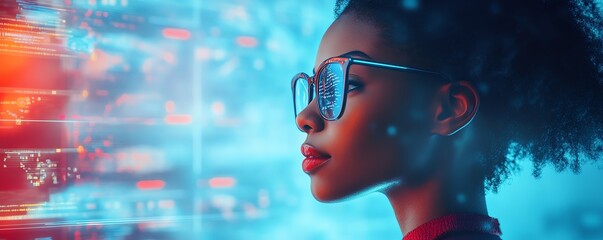 Poster - African American woman named Coco in a 3D rendering, showcasing a cloud computing setup with cloud service servers, data storage, and processing, alongside blogging and app visuals