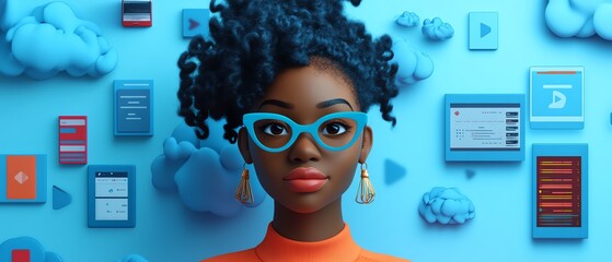 Poster - Cloud computing and data management 3D illustration with African American woman Coco, featuring servers, blogging, website, and mobile app elements