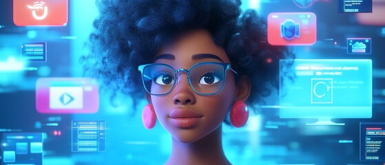 Poster - Cloud computing and data management 3D illustration with African American woman Coco, featuring servers, blogging, website, and mobile app elements