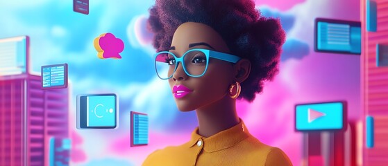 Poster - Cloud computing and data management 3D illustration with African American woman Coco, featuring servers, blogging, website, and mobile app elements