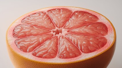 Fresh half grapefruit with vibrant pink flesh, isolated on white background