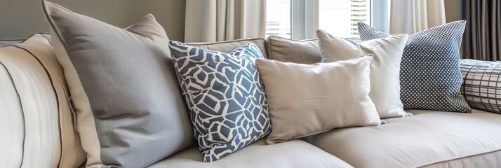 Sticker - Cozy modern sofa featuring light decorative cushions and stylish throw pillows.