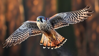 Poster - Elegant female common kestrel soaring into the sky, wings spread wide, capturing the essence of grace and freedom in flight