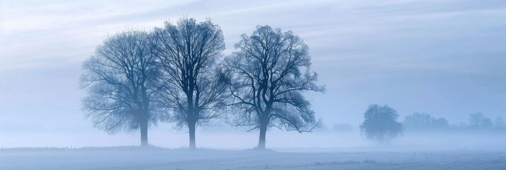 Poster - Trees are silhouetted against a foggy backdrop.