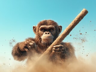 Wall Mural - A cartoon monkey is holding a stick and standing in a cloud of dust