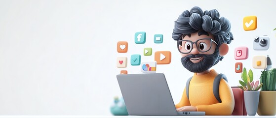 Poster - Male character Qadir in a 3D rendering, using a laptop with a focus on social media, displayed against a white background