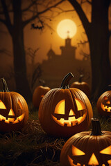 Halloween scene with pumpkin bats and full moon on dark night background