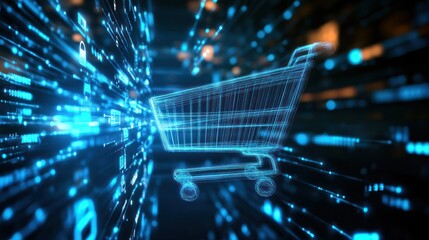 Poster - digital shopping cart in a blue cyberspace