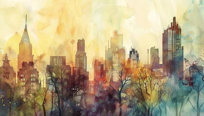 Wall Mural - Watercolor Cityscape with Trees