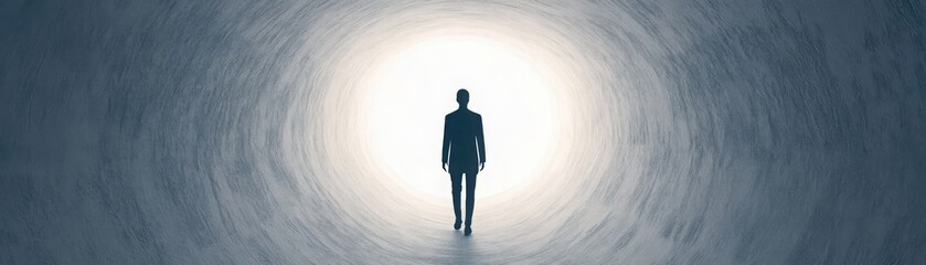 Wall Mural - a figure walking through a tunnel with light at the end, representing hope amidst depression, abstra