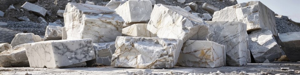 Canvas Print - Capturing freshly quarried white marble blocks prepared for processing