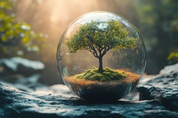 A small tree growing in a glass sphere on a rock with a green forest background.