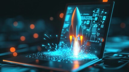 Wall Mural - Laptop Rocket Launch - Digital Innovation