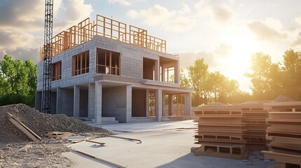 Residential house under construction at sunset

