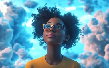Poster - Cloud computing concept featuring African American woman Coco in 3D illustration, using cloud service server for data processing and storage, blogging and mobile app focus