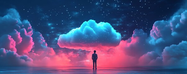 Poster - Cloud computing concept in flat design, 3D illustration of Qadir, male figure, gaining access to cloud storage and uploading data, modern data center infrastructure