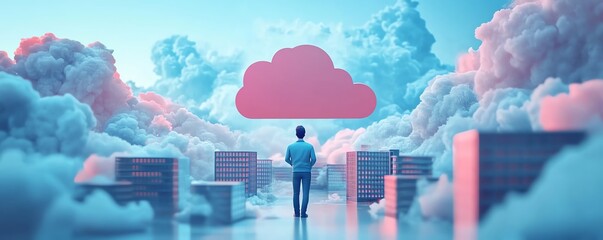 Poster - Cloud computing concept in flat design, 3D illustration of Qadir, male figure, gaining access to cloud storage and uploading data, modern data center infrastructure