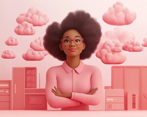 Poster - Cloud computing concept set with 3D illustration of African American woman Coco, using cloud service server for data management, processing, and promotional content