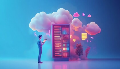Poster - Cloud computing concept in modern flat design, 3D illustration of male figure Qadir accessing cloud storage and uploading data, data center infrastructure and service