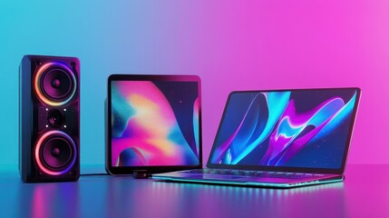 Wall Mural - Laptop, Tablet, Speaker and Colorful Background