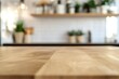 © Dzikrul Husnani - kitchen table background, wood counter top on blur of white clean abstract home interior with bokeh. used for display or montage your wooden for dining background , ai