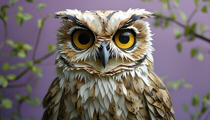 Poster - Whimsical paper cut fluffy owl with large eyes on soft lavender backdrop