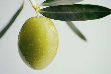 Wall Mural - A close-up of a green olive hanging from a branch with leaves.